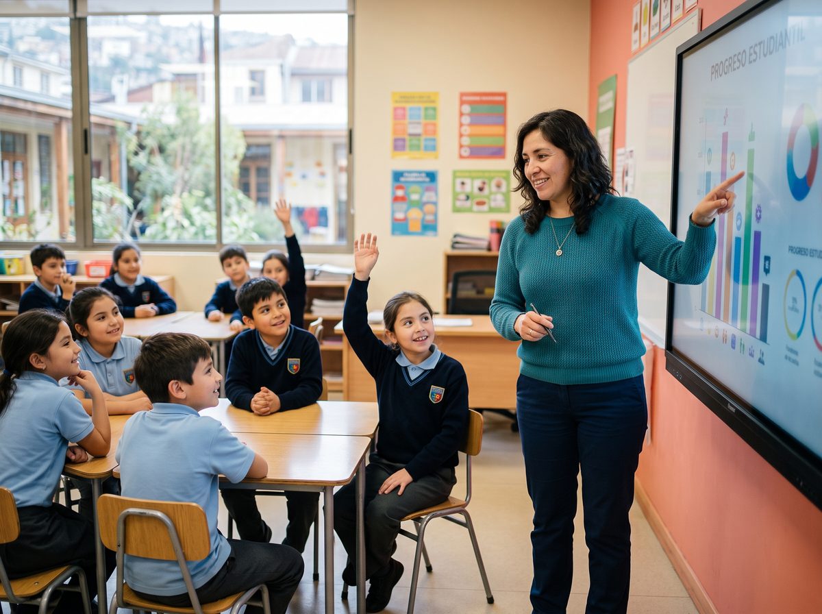 Docente revisando los resultados del curso en una pantalla interactiva del aula