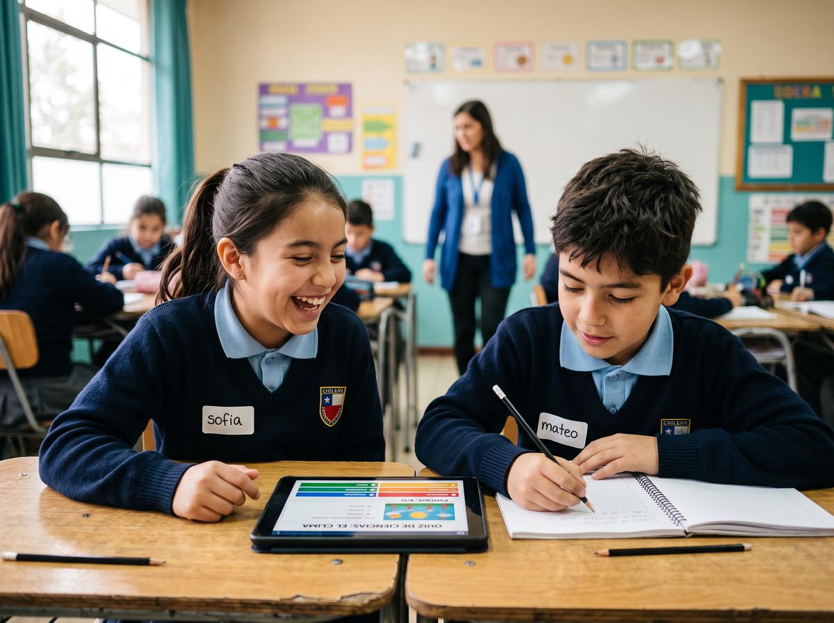 Dos estudiantes respondiendo un ensayo en una tablet en su sala de clases